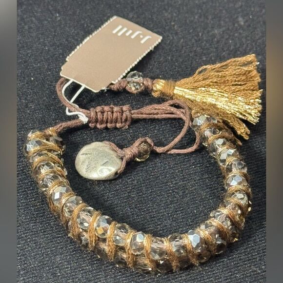 J Jill Crystal Beads Wrapped stranded Brown Pull Cord Bracelet Bolo W Tassle - Picture 5 of 8